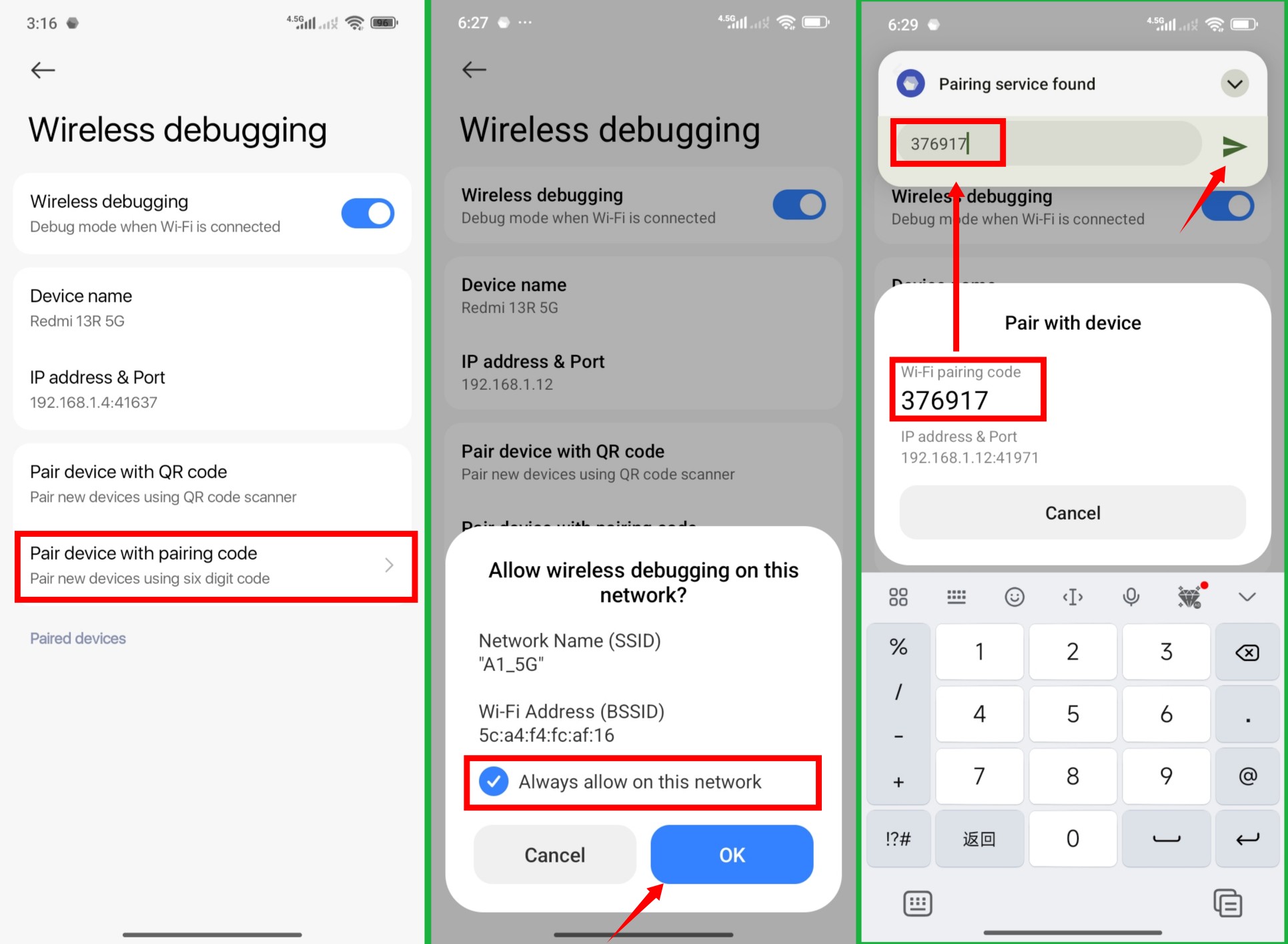 Pair device with pairing code in notification popup